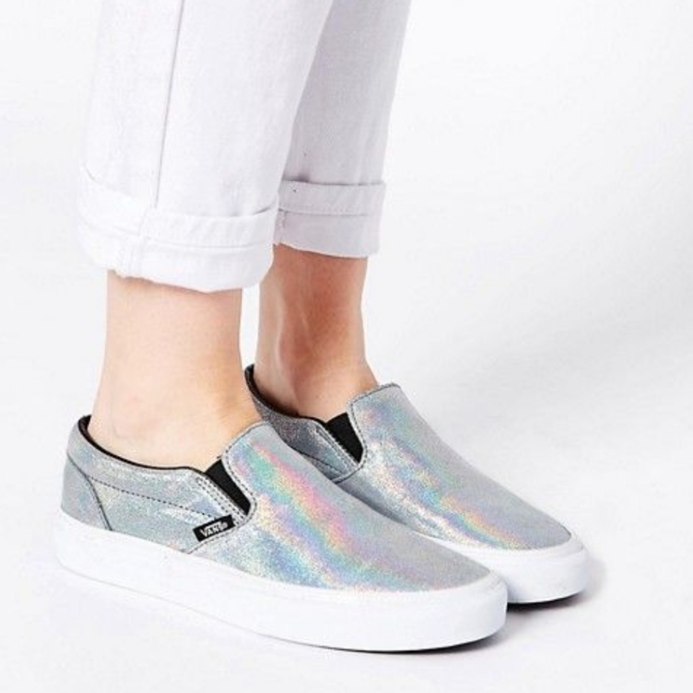 Vans SK8 classic slip on irredecent silver mettalic holographic leather sneakers
